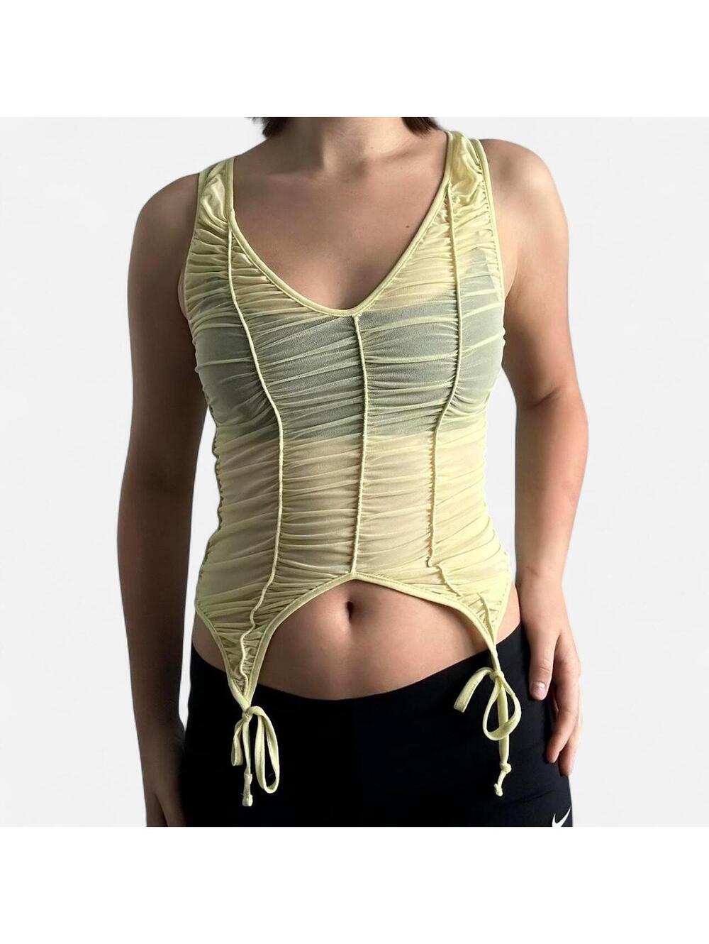 Urban Outfitters butter yellow mesh v neck top with tie detail